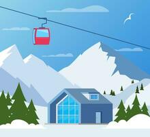 estación de esquí. paisaje de montaña de invierno con albergue, remonte. banner de vacaciones de deportes de invierno. ilustración vectorial vector