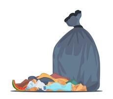 Big heap of trash and waste bag. Garage dump with mountain of trash and waste bag, disgusting heap of household waste, environmental pollution. Vector illustration.