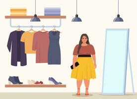 Woman stands near clothes rack and mirror, chooses clothes in fashion boutique. Assortment showroom, clothing store. Clothes shop interior. Dress, tunic, blouse on hangers. Vector illustration.