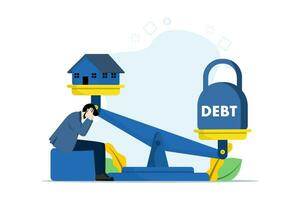 Debt Concept, Financial Planning, Scales for weighing a house and an iron ball as a debt, house collateral debt. business people are stressed because they are unable to pay their debts. vector