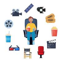 Kid watching movie with 3d glasses. Soda and popcorn in kids hands. Cinema elements around. Tickets, clapperboard, montage tape, video camera. Vector illustration.