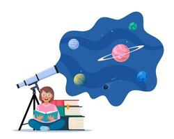 Cute girl reading book about universe, space and planets, sitting near pile of books. Astronomical telescope looks into space with planets, stars and comets. Imagination concept. Vector illustration.