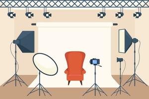 Photo studio with white soft box light, camera, spotlight and armchair. Professional equipment for photo and video shooting. Vector illustration.