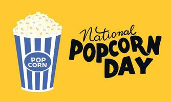 National Popcorn Day banner. Handwriting lettering National Popcorn Day text and bucket popcorn. Hand drawn vector art.