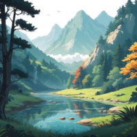 ai généré une dessin animé paysage avec des arbres et l'eau png