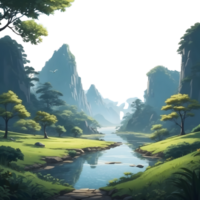 ai généré une dessin animé paysage avec des arbres et l'eau png