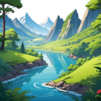 ai generiert ein Karikatur Landschaft mit Bäume und Wasser png