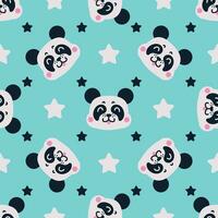 Cute panda face seamless vector pattern. Smiling baby bear with beautiful stars on a blue background. Funny animal, bright backdrop for boys and girls. Flat cartoon illustration for fabric, wallpaper