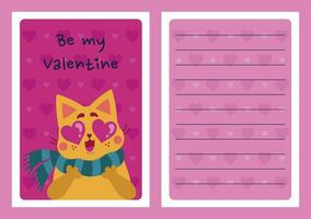 Cat in love with eyes in the shape of hearts. Cute kitten in a striped scarf. Funny pet on a pink background. Bright template for Valentines Day. Flat cartoon vector postcard with backside, copy space