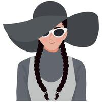 retrato bonito mujer de viaje turista grande playa sombrero lentes trenzado pelo ilustración vector