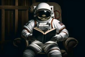 AI generated Cute spaceman or astronaut sitting on mountaintop and reading book. photo