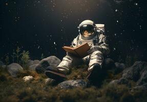 ai generado linda astronauta o astronauta sentado en cima de la montaña y leyendo libro. foto