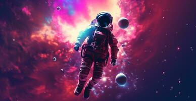 AI generated Cute spaceman or astronaut sitting on mountaintop and reading book. photo