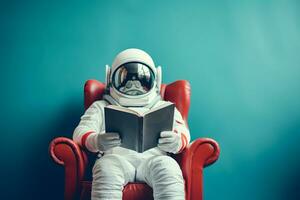 AI generated Cute spaceman or astronaut sitting on mountaintop and reading book. photo