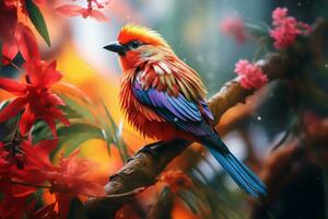 AI generated Vivid Bird Resting on Tree Branch photo