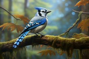 AI generated Blue jay perched branch on the tree photo