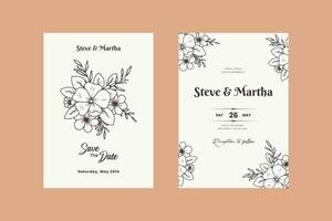 mano dibujado floral Boda invitación tarjeta con línea Arte botánico flores y hojas vector