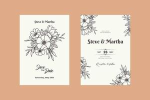 mano dibujado floral Boda invitación tarjeta con línea Arte botánico flores y hojas vector