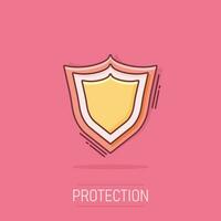 Vector cartoon shield protection icon in comic style. Protect sign illustration pictogram. Defence business splash effect concept.