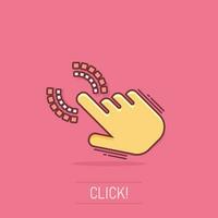 caricatura vectorial haga clic en el icono de la mano en estilo cómico. pictograma de ilustración de signo de dedo del cursor. concepto de efecto de salpicadura de negocio de puntero. vector