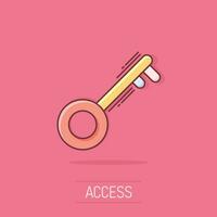 Vector cartoon key icon in comic style. Unlock sign illustration pictogram. Private secure key business splash effect concept.