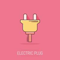 icono de signo de enchufe eléctrico de dibujos animados vectoriales en estilo cómico. Pictograma de ilustración de signo de enchufe de alimentación. concepto de efecto de salpicadura de negocio de cable eléctrico. vector