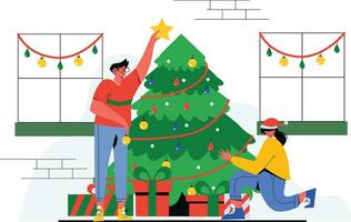 pareja decorando arbol de navidad vector