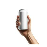 AI generated Hand holding aluminum soda can isolated on white background photo