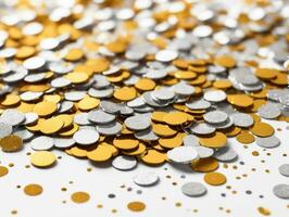 AI generated Silver and gold glitter confetti and coins on a white background. photo