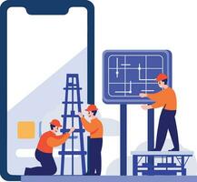 Hand Drawn Engineer installing solar cells in flat style vector