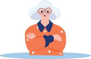 Hand Drawn old woman stands with her arms crossed with confidence in flat style vector