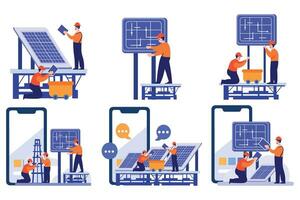 Hand Drawn Engineer installing solar cells in flat style vector