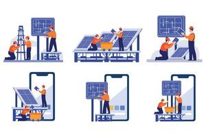 Hand Drawn Engineer installing solar cells in flat style vector