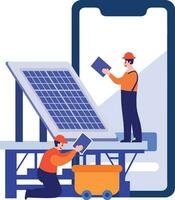 Hand Drawn Engineer installing solar cells in flat style vector