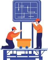 Hand Drawn Engineer installing solar cells in flat style vector