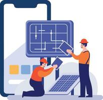 Hand Drawn Engineer installing solar cells in flat style vector