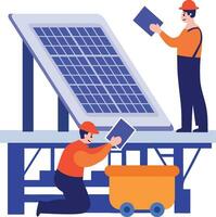 Hand Drawn Engineer installing solar cells in flat style vector