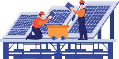 Hand Drawn Engineer installing solar cells in flat style vector