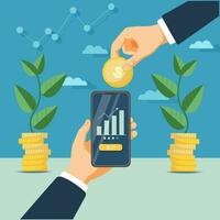 Increasing income and investment. Successful business that grows and generates huge financial profit. Business strategy and analytics. Gold dollar coins, big hand holding phone . Vector illustration.