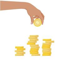 Hand putting gold coin on coin stack. Stack of coins to Grow Money. Saving and Investment Concept. Vector Illustration isolated on white background.