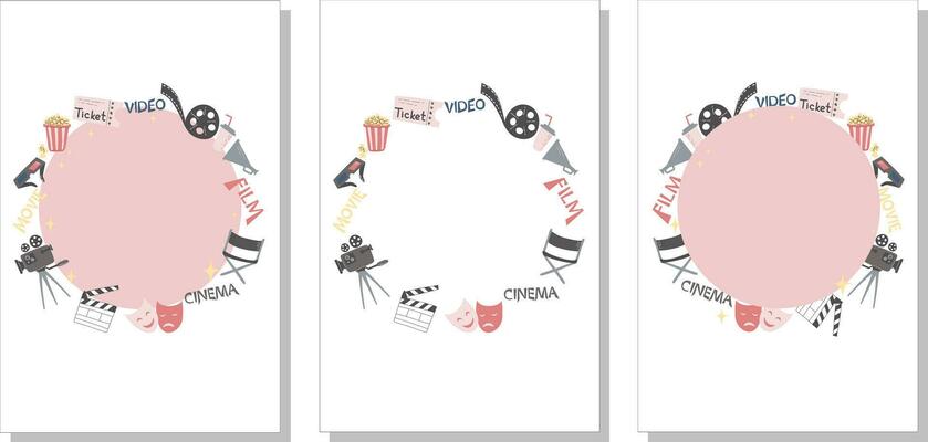 round frames set with movie cinema attributes equipment isolated on white and copy-space in the middle. World cinema day, cinema, design, card, poster concept. Vector illustration