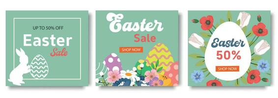 Set of trendy minimal Easter Sale posters with Color Painted Egg, Spring Flower and Rabbit. Spring background, cover, sale banner, flyer design. Template for advertising, web, social media vector