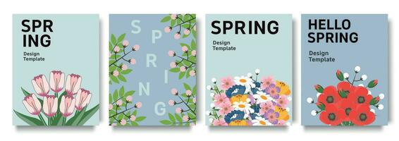 Spring design templates with abstract and floral elements. For poster, greeting and business card, invitation, flyer, banner, brochure, email header, advertising, events and page cover. vector