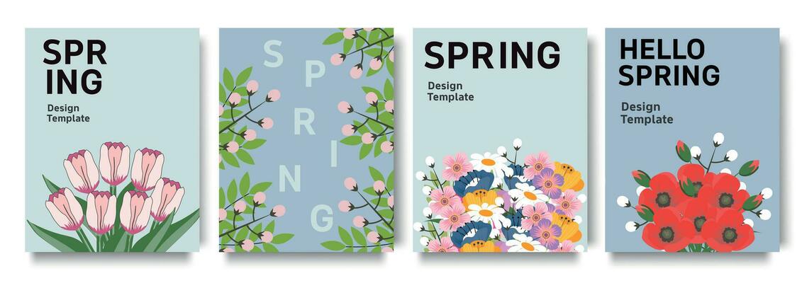 Spring design templates with abstract and floral elements. For poster, greeting and business card, invitation, flyer, banner, brochure, email header, advertising, events and page cover.