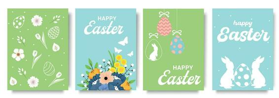 Set of trendy minimal Easter posters with bright beautiful flowers,rabbit,egg and modern typography. Spring background, cover, sale banner, flyer design. Template for advertising, web, social media. vector