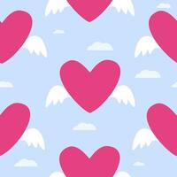 Seamless pattern with heart for Valentine's Day. Red heart with wings. Vector illustration.