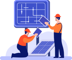 Hand Drawn Engineer installing solar cells in flat style png