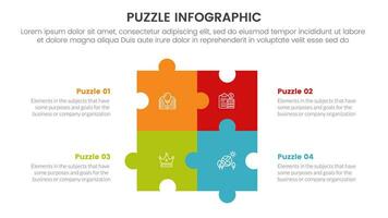 puzzle jigsaw infographic 4 point stage template with square shape combination on center with description for slide presentation vector