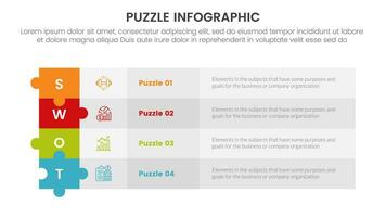 puzzle jigsaw infographic 4 point stage template with long rectangle box table on center with description for slide presentation vector