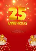 Anniversary celebration flyer red background golden numbers 25 vector